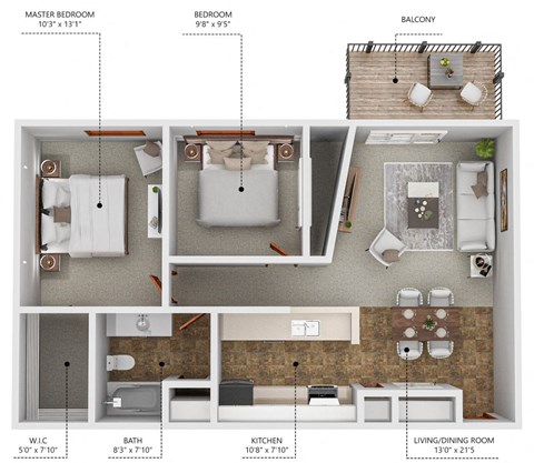 A diagram shows the layout of a small apartment with a master bedroom, two bathrooms, a kitchen, and a living/dining room.